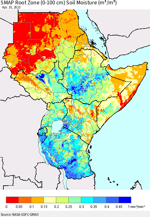 Eastern Africa SMAP Root Zone (0-100 cm) Soil Moisture (m³/m³) Thematic Map For 4/6/2023 - 4/10/2023