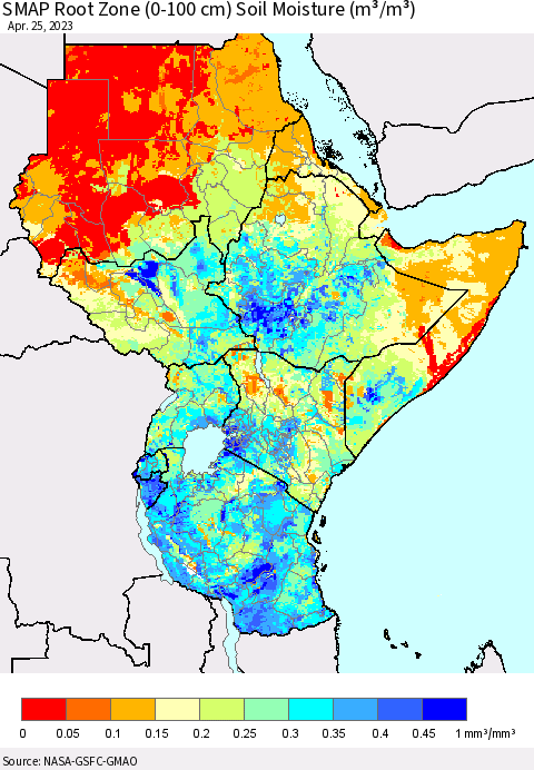 Eastern Africa SMAP Root Zone (0-100 cm) Soil Moisture (m³/m³) Thematic Map For 4/21/2023 - 4/25/2023