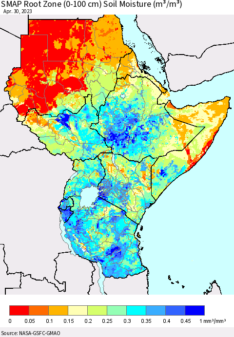 Eastern Africa SMAP Root Zone (0-100 cm) Soil Moisture (m³/m³) Thematic Map For 4/26/2023 - 4/30/2023