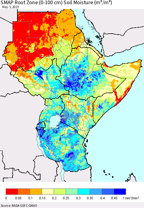 Eastern Africa SMAP Root Zone (0-100 cm) Soil Moisture (m³/m³) Thematic Map For 5/1/2023 - 5/5/2023