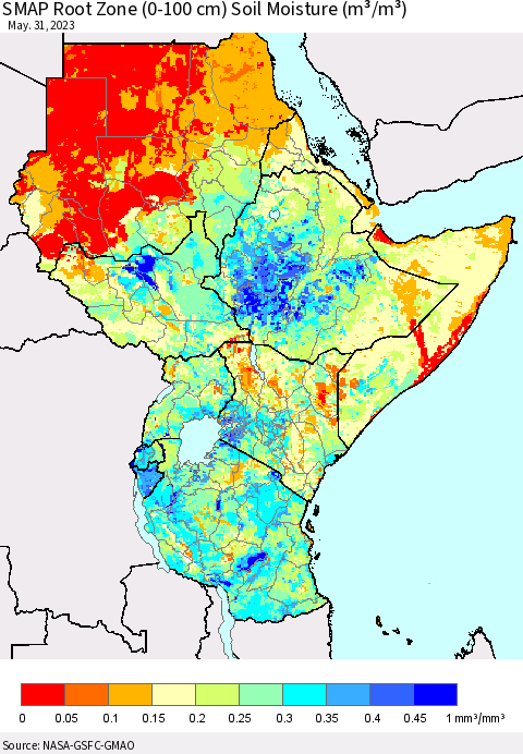 Eastern Africa SMAP Root Zone (0-100 cm) Soil Moisture (m³/m³) Thematic Map For 5/26/2023 - 5/31/2023