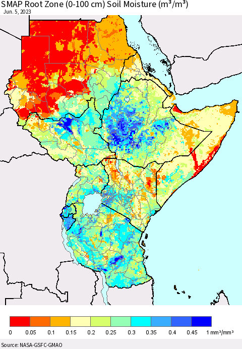 Eastern Africa SMAP Root Zone (0-100 cm) Soil Moisture (m³/m³) Thematic Map For 6/1/2023 - 6/5/2023