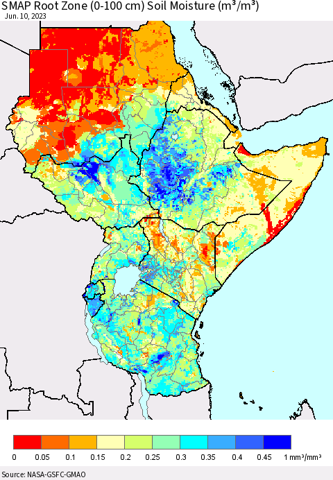 Eastern Africa SMAP Root Zone (0-100 cm) Soil Moisture (m³/m³) Thematic Map For 6/6/2023 - 6/10/2023