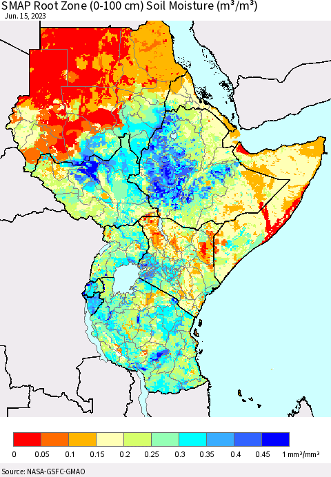 Eastern Africa SMAP Root Zone (0-100 cm) Soil Moisture (m³/m³) Thematic Map For 6/11/2023 - 6/15/2023