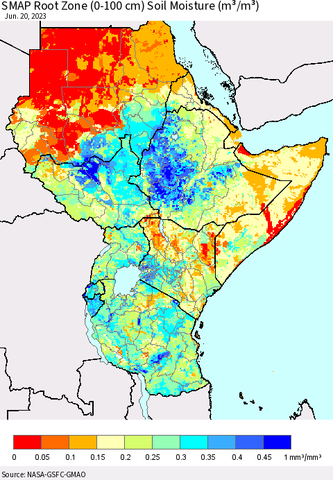 Eastern Africa SMAP Root Zone (0-100 cm) Soil Moisture (m³/m³) Thematic Map For 6/16/2023 - 6/20/2023