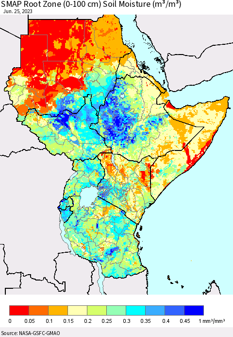 Eastern Africa SMAP Root Zone (0-100 cm) Soil Moisture (m³/m³) Thematic Map For 6/21/2023 - 6/25/2023