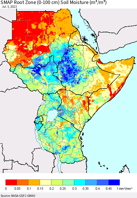 Eastern Africa SMAP Root Zone (0-100 cm) Soil Moisture (m³/m³) Thematic Map For 7/1/2023 - 7/5/2023