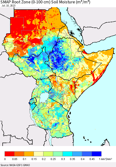 Eastern Africa SMAP Root Zone (0-100 cm) Soil Moisture (m³/m³) Thematic Map For 7/6/2023 - 7/10/2023