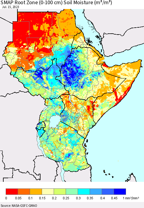 Eastern Africa SMAP Root Zone (0-100 cm) Soil Moisture (m³/m³) Thematic Map For 7/11/2023 - 7/15/2023