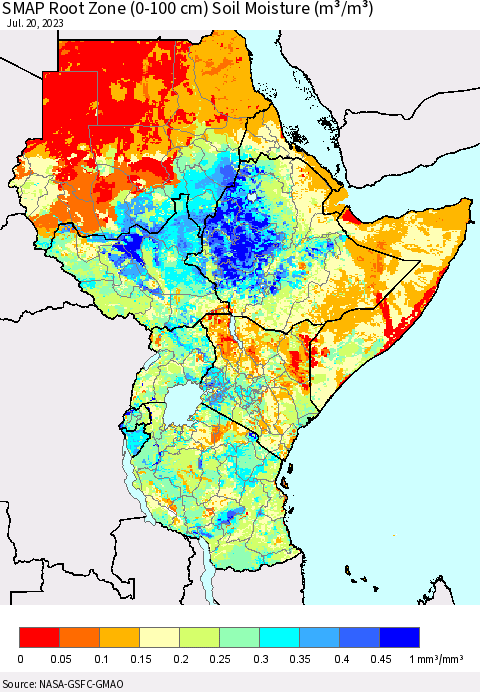 Eastern Africa SMAP Root Zone (0-100 cm) Soil Moisture (m³/m³) Thematic Map For 7/16/2023 - 7/20/2023