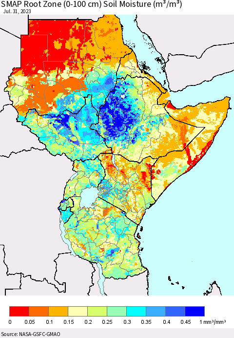 Eastern Africa SMAP Root Zone (0-100 cm) Soil Moisture (m³/m³) Thematic Map For 7/26/2023 - 7/31/2023