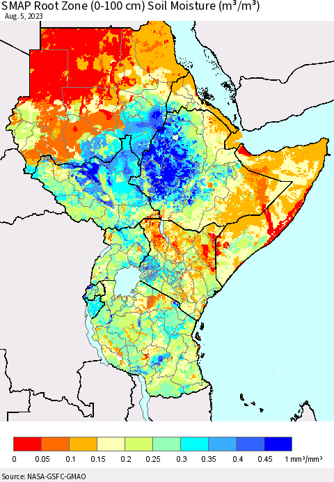 Eastern Africa SMAP Root Zone (0-100 cm) Soil Moisture (m³/m³) Thematic Map For 8/1/2023 - 8/5/2023