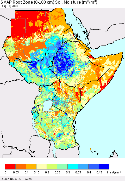 Eastern Africa SMAP Root Zone (0-100 cm) Soil Moisture (m³/m³) Thematic Map For 8/6/2023 - 8/10/2023
