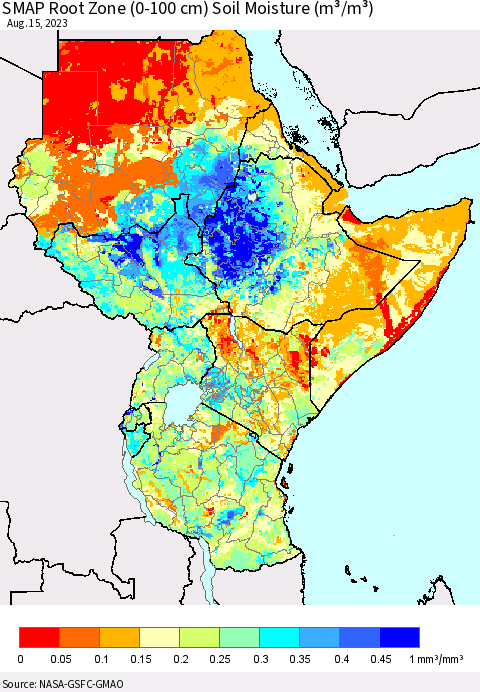 Eastern Africa SMAP Root Zone (0-100 cm) Soil Moisture (m³/m³) Thematic Map For 8/11/2023 - 8/15/2023