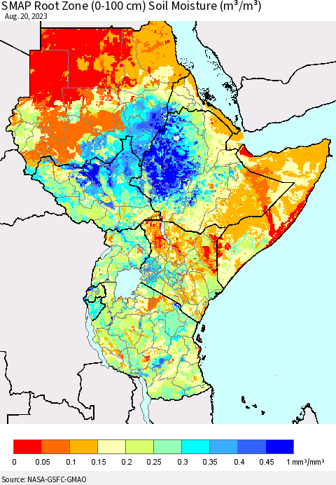 Eastern Africa SMAP Root Zone (0-100 cm) Soil Moisture (m³/m³) Thematic Map For 8/16/2023 - 8/20/2023