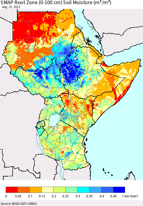 Eastern Africa SMAP Root Zone (0-100 cm) Soil Moisture (m³/m³) Thematic Map For 8/21/2023 - 8/25/2023