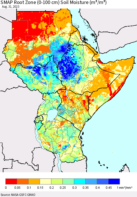 Eastern Africa SMAP Root Zone (0-100 cm) Soil Moisture (m³/m³) Thematic Map For 8/26/2023 - 8/31/2023