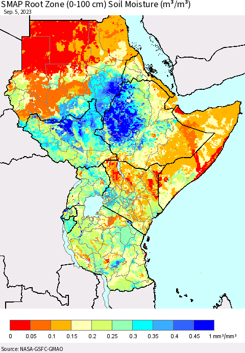 Eastern Africa SMAP Root Zone (0-100 cm) Soil Moisture (m³/m³) Thematic Map For 9/1/2023 - 9/5/2023