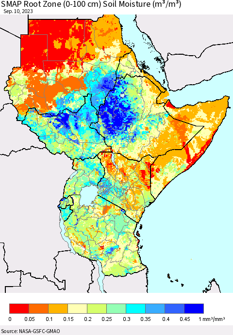 Eastern Africa SMAP Root Zone (0-100 cm) Soil Moisture (m³/m³) Thematic Map For 9/6/2023 - 9/10/2023