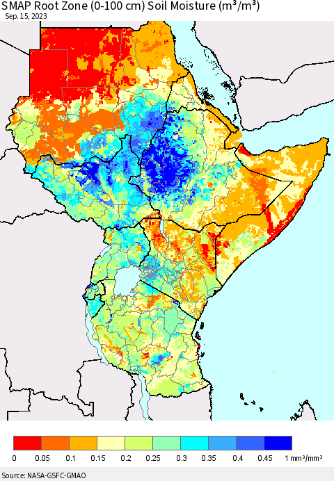 Eastern Africa SMAP Root Zone (0-100 cm) Soil Moisture (m³/m³) Thematic Map For 9/11/2023 - 9/15/2023