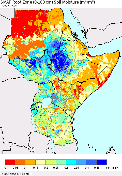 Eastern Africa SMAP Root Zone (0-100 cm) Soil Moisture (m³/m³) Thematic Map For 9/16/2023 - 9/20/2023