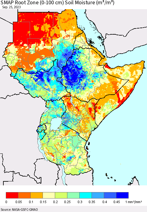 Eastern Africa SMAP Root Zone (0-100 cm) Soil Moisture (m³/m³) Thematic Map For 9/21/2023 - 9/25/2023