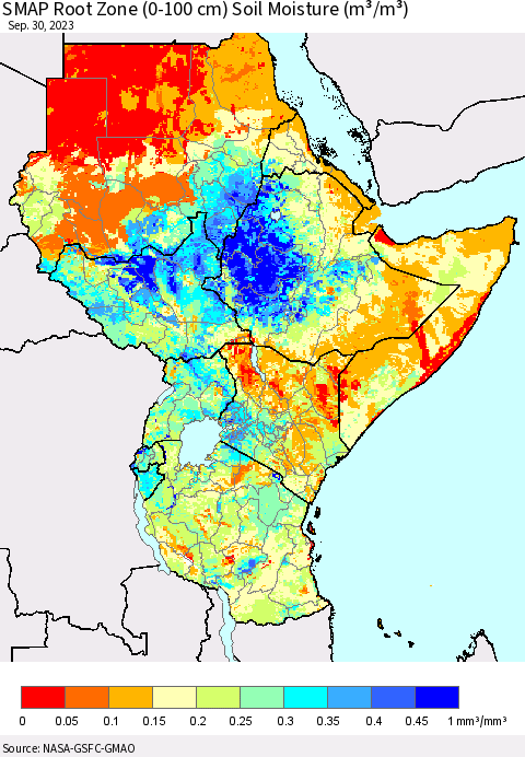 Eastern Africa SMAP Root Zone (0-100 cm) Soil Moisture (m³/m³) Thematic Map For 9/26/2023 - 9/30/2023