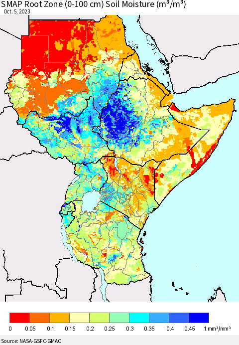 Eastern Africa SMAP Root Zone (0-100 cm) Soil Moisture (m³/m³) Thematic Map For 10/1/2023 - 10/5/2023