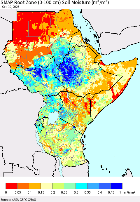 Eastern Africa SMAP Root Zone (0-100 cm) Soil Moisture (m³/m³) Thematic Map For 10/6/2023 - 10/10/2023