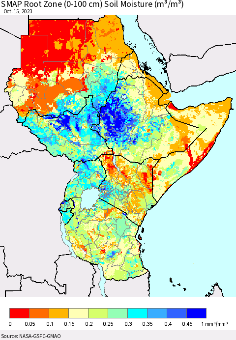 Eastern Africa SMAP Root Zone (0-100 cm) Soil Moisture (m³/m³) Thematic Map For 10/11/2023 - 10/15/2023
