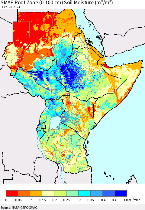 Eastern Africa SMAP Root Zone (0-100 cm) Soil Moisture (m³/m³) Thematic Map For 10/16/2023 - 10/20/2023