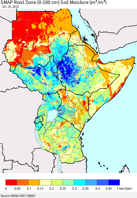 Eastern Africa SMAP Root Zone (0-100 cm) Soil Moisture (m³/m³) Thematic Map For 10/21/2023 - 10/25/2023