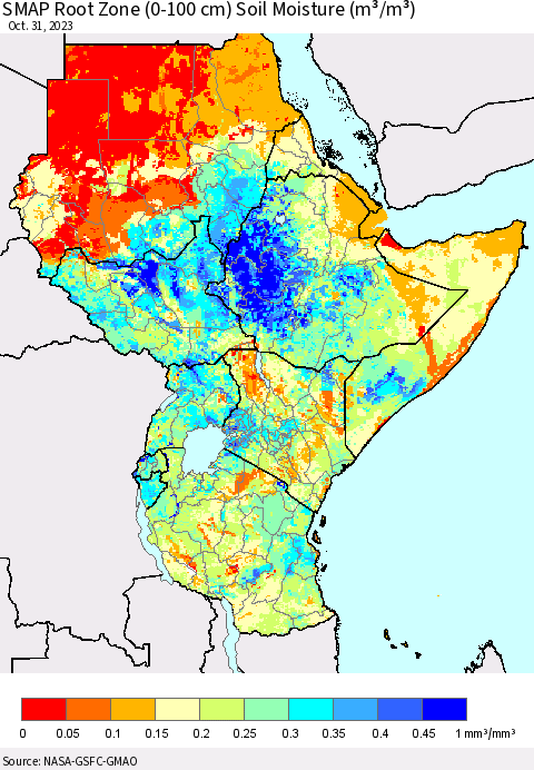 Eastern Africa SMAP Root Zone (0-100 cm) Soil Moisture (m³/m³) Thematic Map For 10/26/2023 - 10/31/2023