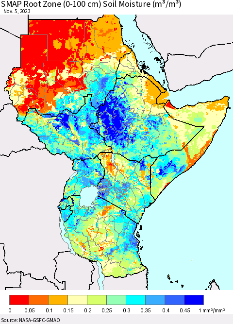 Eastern Africa SMAP Root Zone (0-100 cm) Soil Moisture (m³/m³) Thematic Map For 11/1/2023 - 11/5/2023