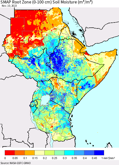 Eastern Africa SMAP Root Zone (0-100 cm) Soil Moisture (m³/m³) Thematic Map For 11/6/2023 - 11/10/2023