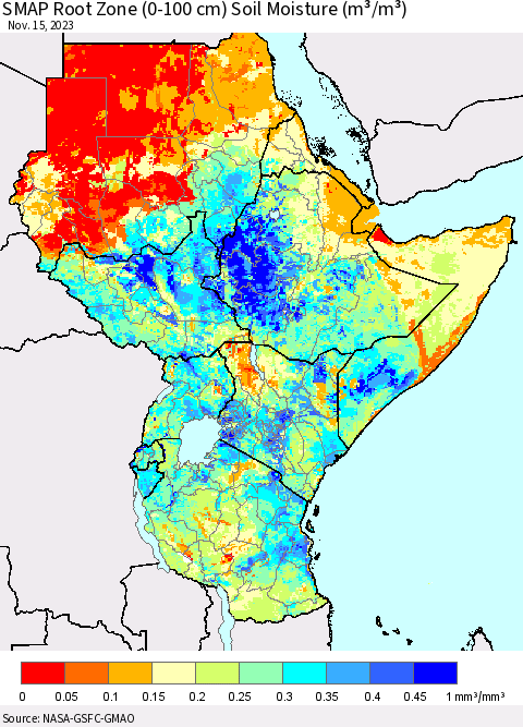 Eastern Africa SMAP Root Zone (0-100 cm) Soil Moisture (m³/m³) Thematic Map For 11/11/2023 - 11/15/2023