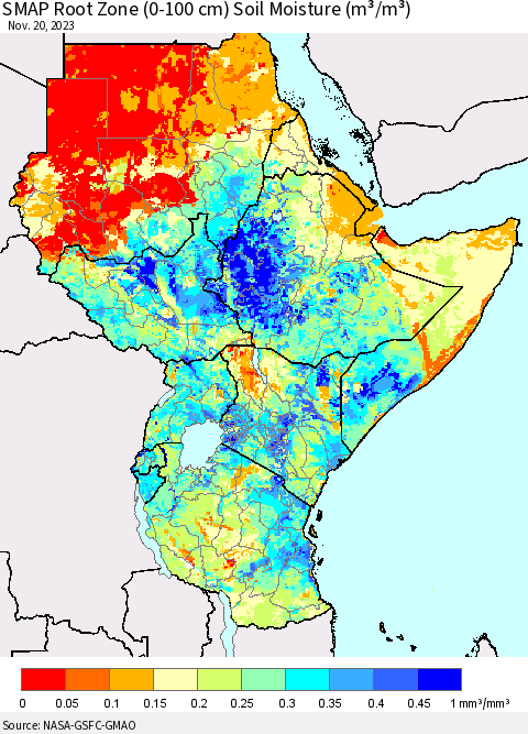 Eastern Africa SMAP Root Zone (0-100 cm) Soil Moisture (m³/m³) Thematic Map For 11/16/2023 - 11/20/2023