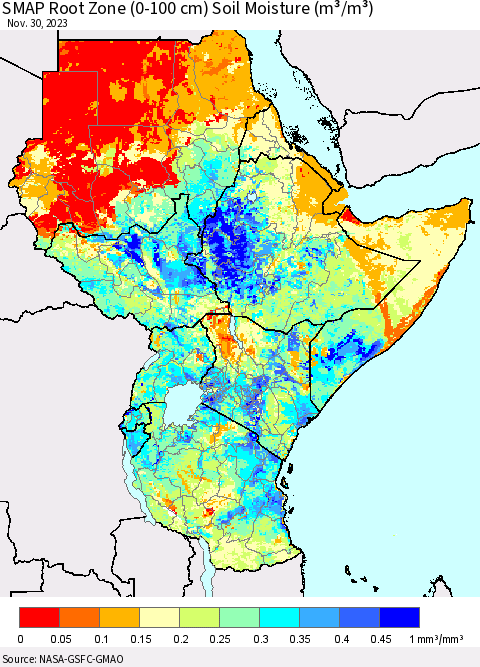 Eastern Africa SMAP Root Zone (0-100 cm) Soil Moisture (m³/m³) Thematic Map For 11/26/2023 - 11/30/2023