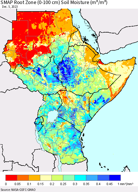 Eastern Africa SMAP Root Zone (0-100 cm) Soil Moisture (m³/m³) Thematic Map For 12/1/2023 - 12/5/2023