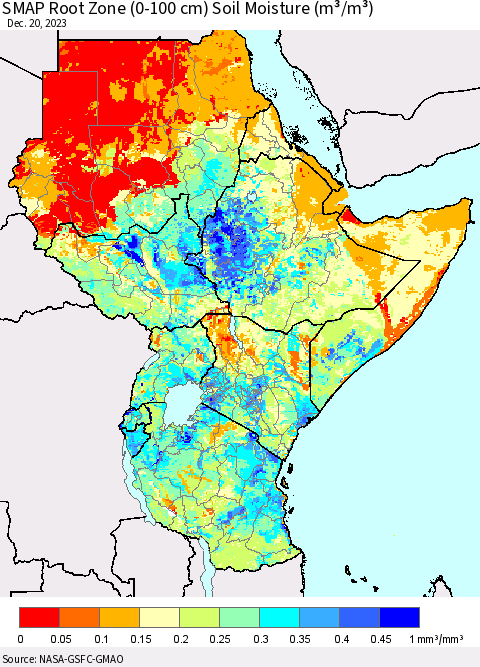 Eastern Africa SMAP Root Zone (0-100 cm) Soil Moisture (m³/m³) Thematic Map For 12/16/2023 - 12/20/2023