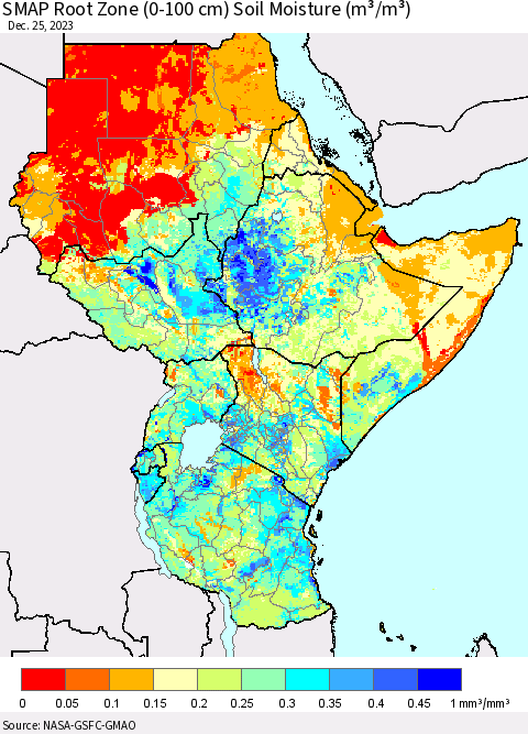 Eastern Africa SMAP Root Zone (0-100 cm) Soil Moisture (m³/m³) Thematic Map For 12/21/2023 - 12/25/2023