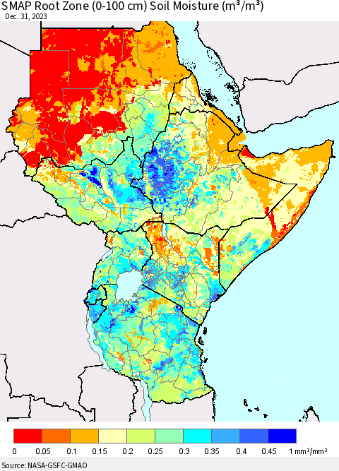 Eastern Africa SMAP Root Zone (0-100 cm) Soil Moisture (m³/m³) Thematic Map For 12/26/2023 - 12/31/2023