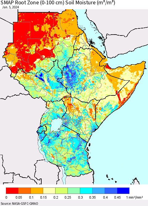 Eastern Africa SMAP Root Zone (0-100 cm) Soil Moisture (m³/m³) Thematic Map For 1/1/2024 - 1/5/2024