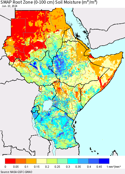 Eastern Africa SMAP Root Zone (0-100 cm) Soil Moisture (m³/m³) Thematic Map For 1/6/2024 - 1/10/2024