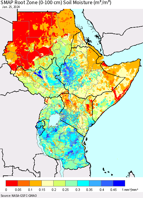 Eastern Africa SMAP Root Zone (0-100 cm) Soil Moisture (m³/m³) Thematic Map For 1/21/2024 - 1/25/2024