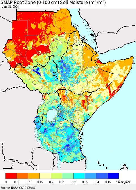 Eastern Africa SMAP Root Zone (0-100 cm) Soil Moisture (m³/m³) Thematic Map For 1/26/2024 - 1/31/2024
