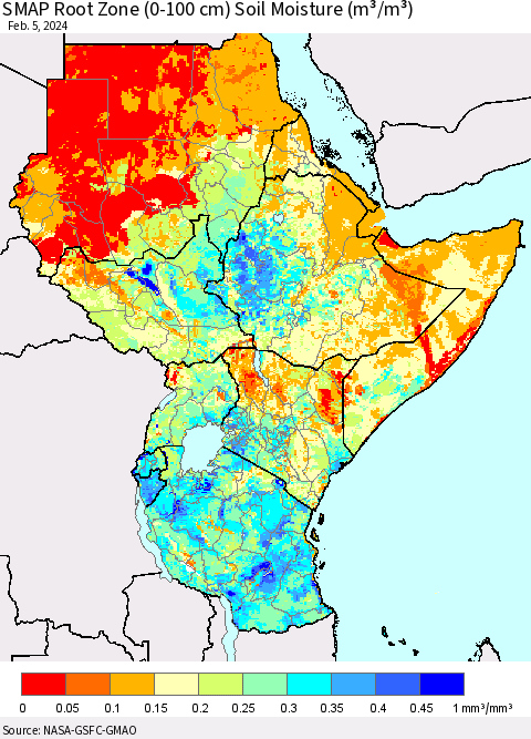 Eastern Africa SMAP Root Zone (0-100 cm) Soil Moisture (m³/m³) Thematic Map For 2/1/2024 - 2/5/2024