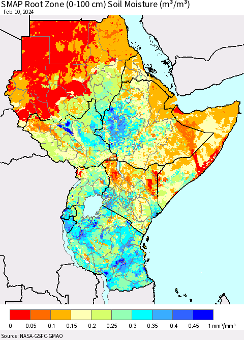 Eastern Africa SMAP Root Zone (0-100 cm) Soil Moisture (m³/m³) Thematic Map For 2/6/2024 - 2/10/2024