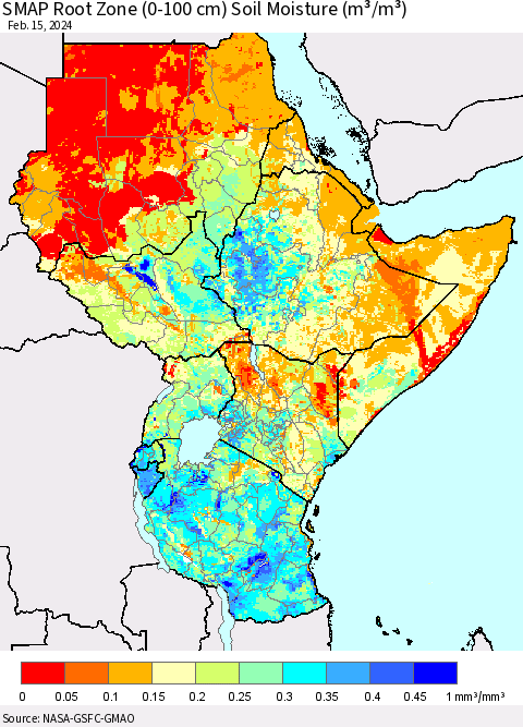 Eastern Africa SMAP Root Zone (0-100 cm) Soil Moisture (m³/m³) Thematic Map For 2/11/2024 - 2/15/2024