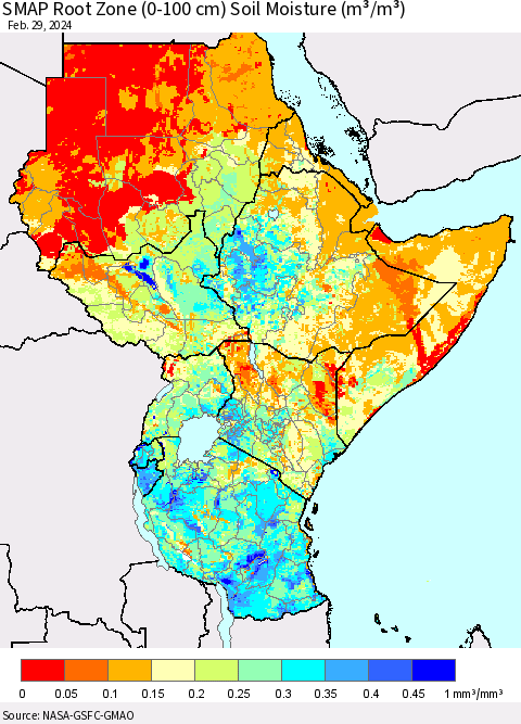 Eastern Africa SMAP Root Zone (0-100 cm) Soil Moisture (m³/m³) Thematic Map For 2/26/2024 - 2/29/2024